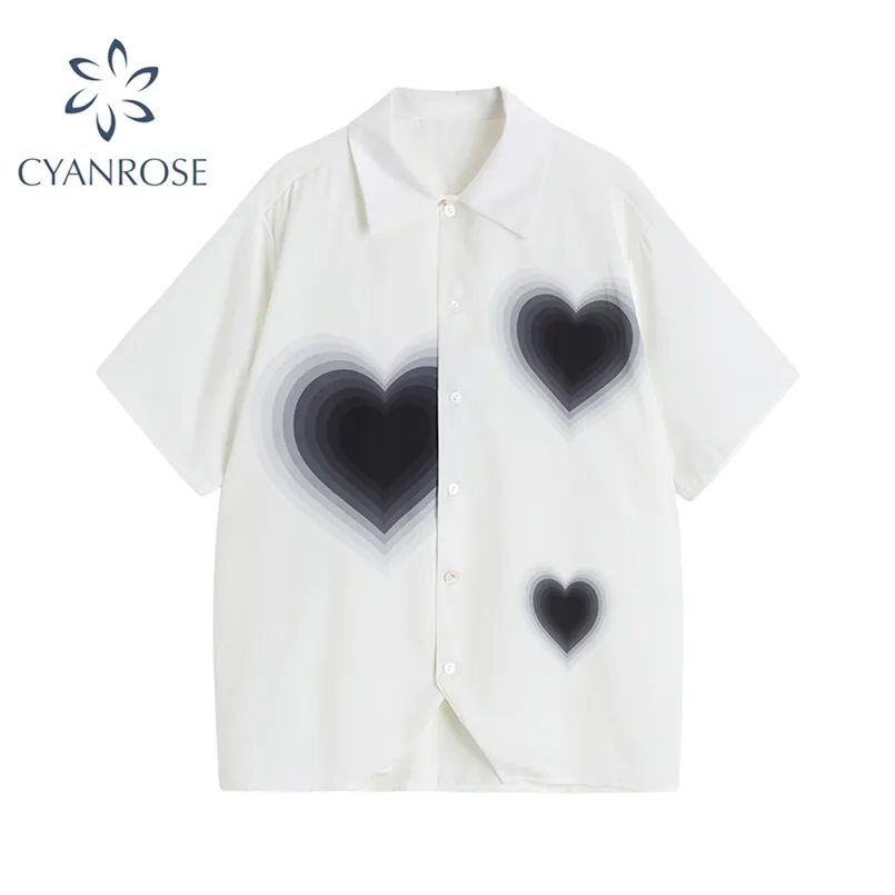 Fashion Women's Short Sleeve Shirts Korean Loose Summer Fashion Harajuku Heart Pirnted Casual Streetwear Female Blouse Top 220407
