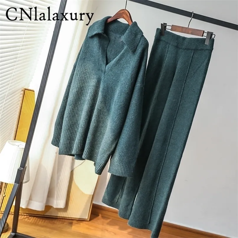 CNlalaxury Women's Knitted Suit Winter Tracksuit Warm Sweater Pants Two-piece Set Autumn Casual Outfit Pullover Trouser 220315