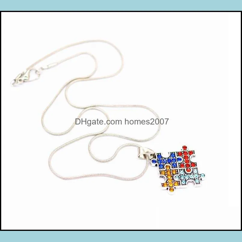 Autism Awareness Jigsaw Necklace Multicolor Crystal Puzzle Piece Pendant Necklace Jewelry