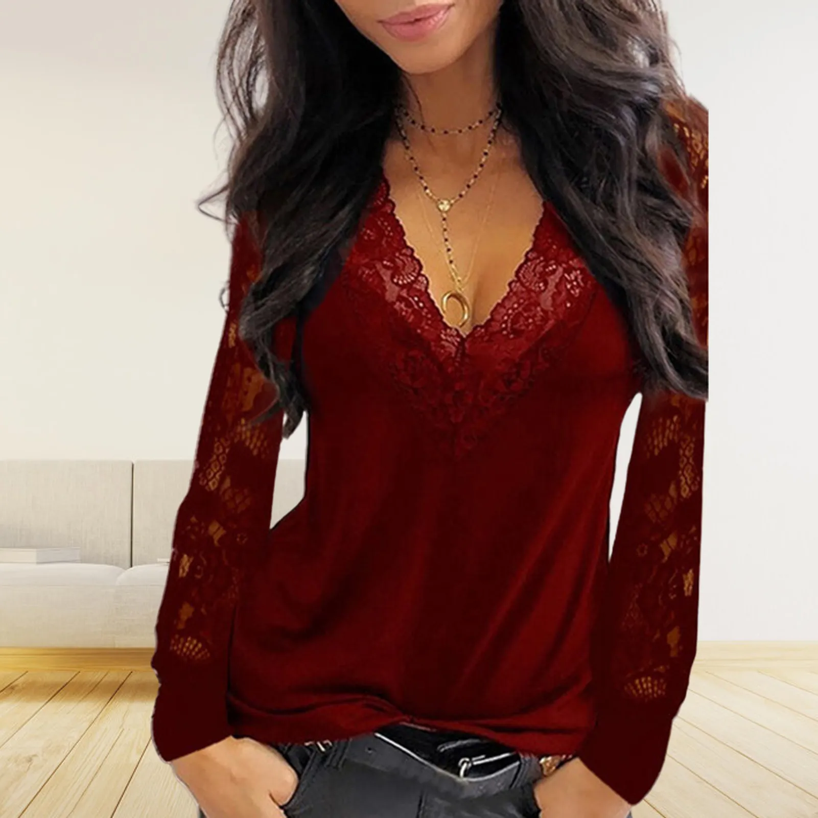 Plus Size Sexy Blouse Women Deep V Neck Lace Trim See Through Long Sleeve Blouse Top Shirts Style