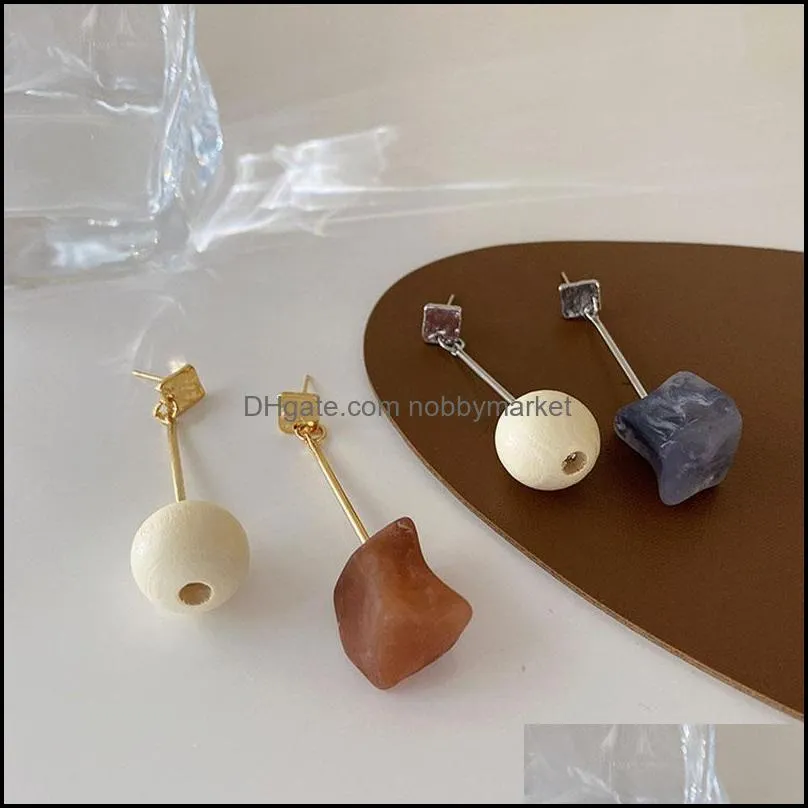 Dangle Lustre Boucles D'oreilles Bijoux Tarcliy Creative Design Asymétrique Boule En Bois Irregar Résine Boucle D'oreille Géométrique En Métal Long Tempérament W