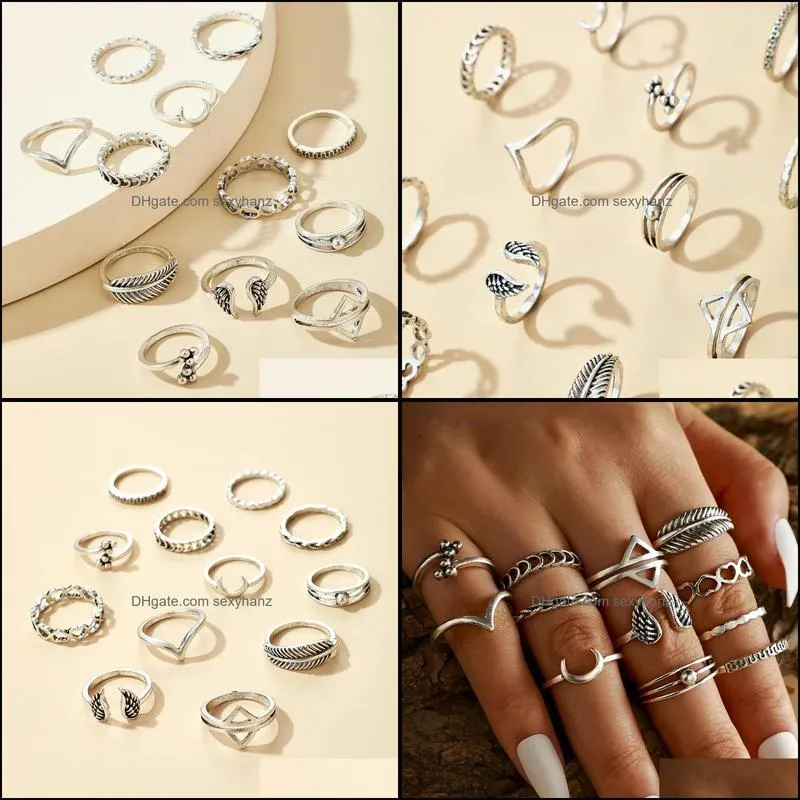 12pcs/sets vintage band rings silver color heart joint for women charm moon leaf wing geometric wedding ring jewelry