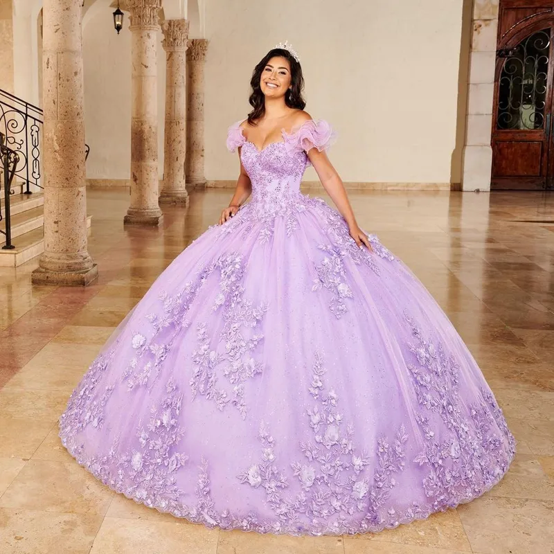 Vestidos de quinceañera con purpurina lila, manga con volantes, vestido dulce de 15, chicas adolescentes mexicanas, Vestidos XV 326 326