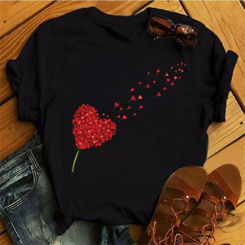 Red Love Heart Dandelion Printed T Shirt Women Fashion Female Short Sleeve Casual ops Black ee s Cute shi 220628