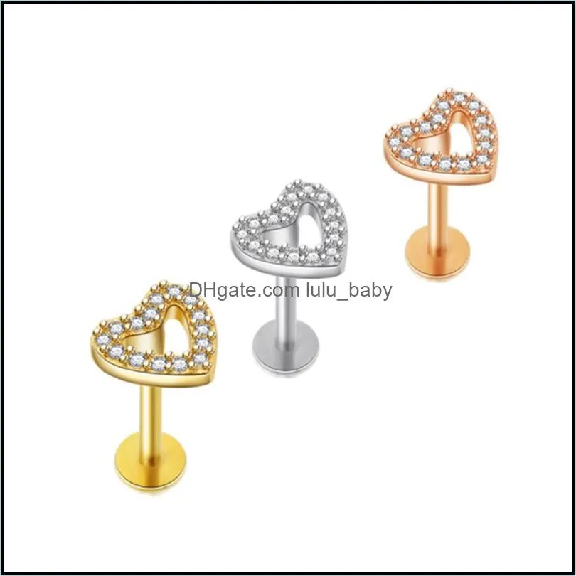 body stainless steel lip stud cz heart ear barbell cartilage piercing jewelry for men and women