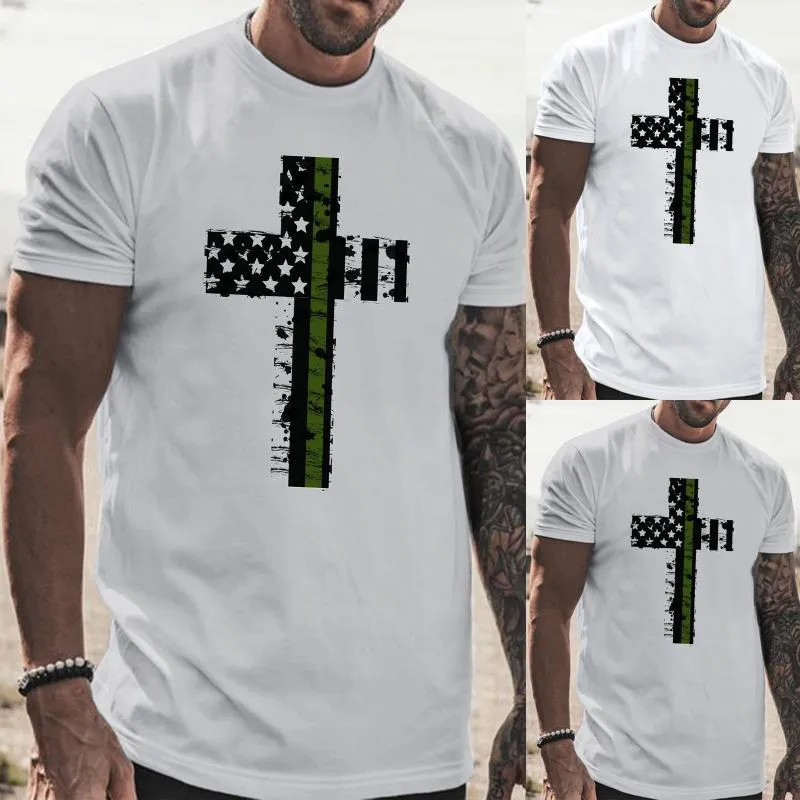 Herren-T-Shirts, langärmelig, Spandex-T-Shirt, männlich, Sommer, lässig, Cross-Flagge-Druck, Bluse, Rundhalsausschnitt, kurz, gelb, Laufen, Herren, Herren