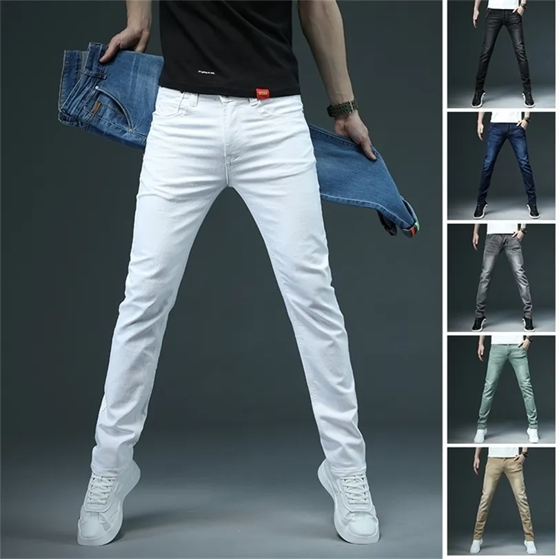 Jeans Putih Ramping Pria Baru Celana Denim Ramping Katun Elastis Kasual Fashion Merek Pakaian Pria Khaki Hitam Abuabu 220817