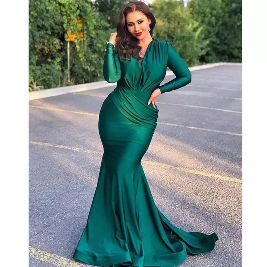 Simple Charming Dark Hunter Green Mermaid Prom Dresses Long Sleeves V-neck Satin Long Formal Party Evening Gowns Custom Made