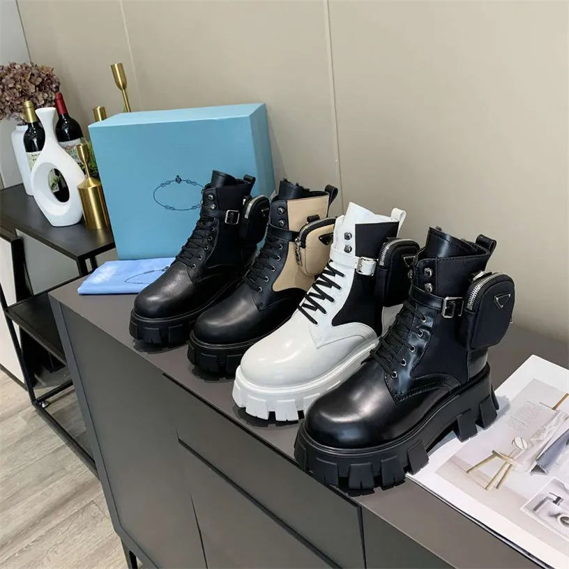 2022 Hommes Femmes Rois Bottes Designers Cheville Martin Boot Cuir Nylon Pochette amovible Bootie Militaire Chaussures de combat d'inspiration Taille 35-45