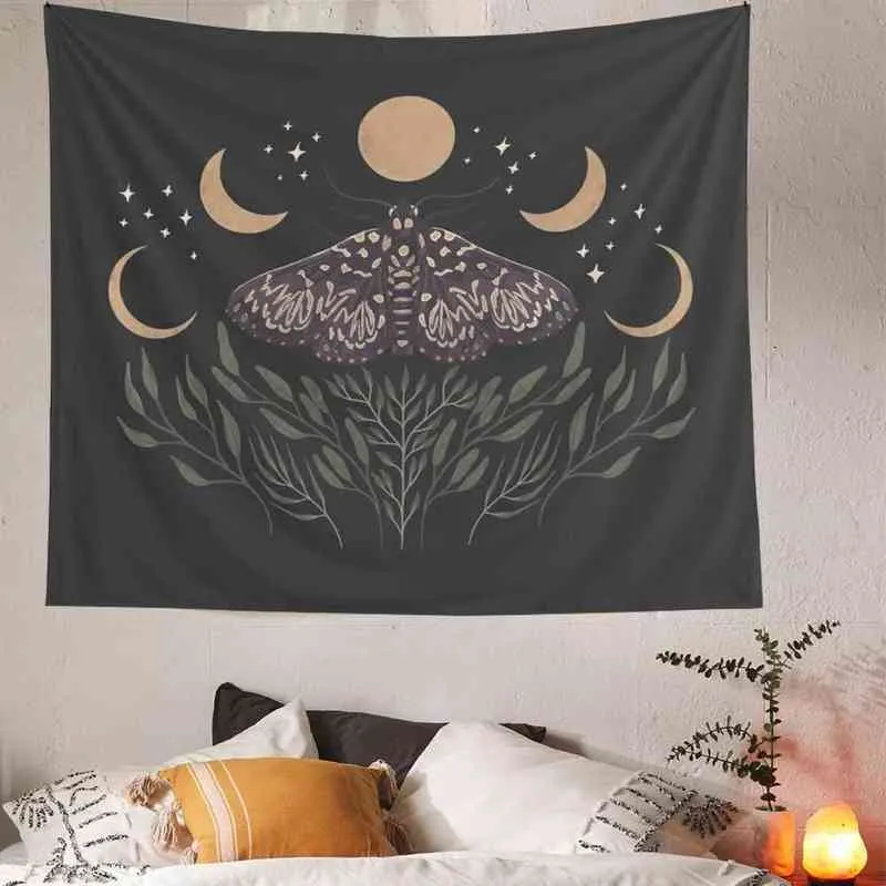 Butterfly Moon Phase Carpet Wall Hanging Bohemian Gypsy Psychedelic Tapiz Black Sun Witchcraft Prophecy Decor J220804
