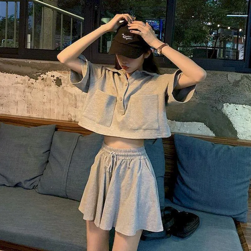 Women's T-Shirt 2022 Summer Suits Collar Tooling Fashion Loose Wild Short Sleeve Wide-leg Culottes Two Piece Sets