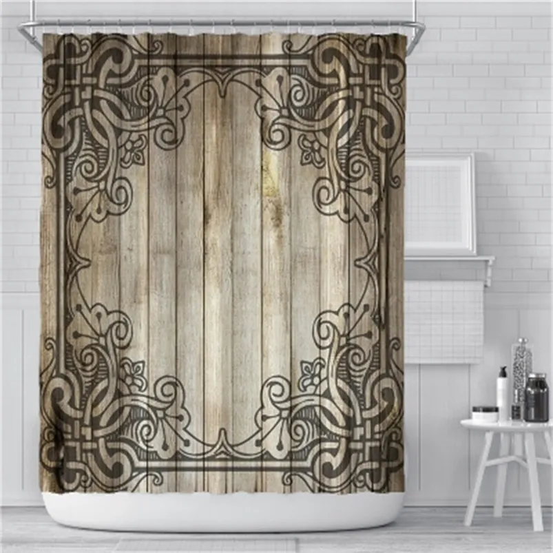 Retro 3D houtkorrel badkamer gordijn bedrukte polyester waterdichte textuur douche met haken accessoires T200711