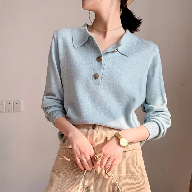 MVLYFLRT Polo Collar Cashmere Sweater Women's Short Base Sweater V-Neck Loose Pullover Sweater 201223