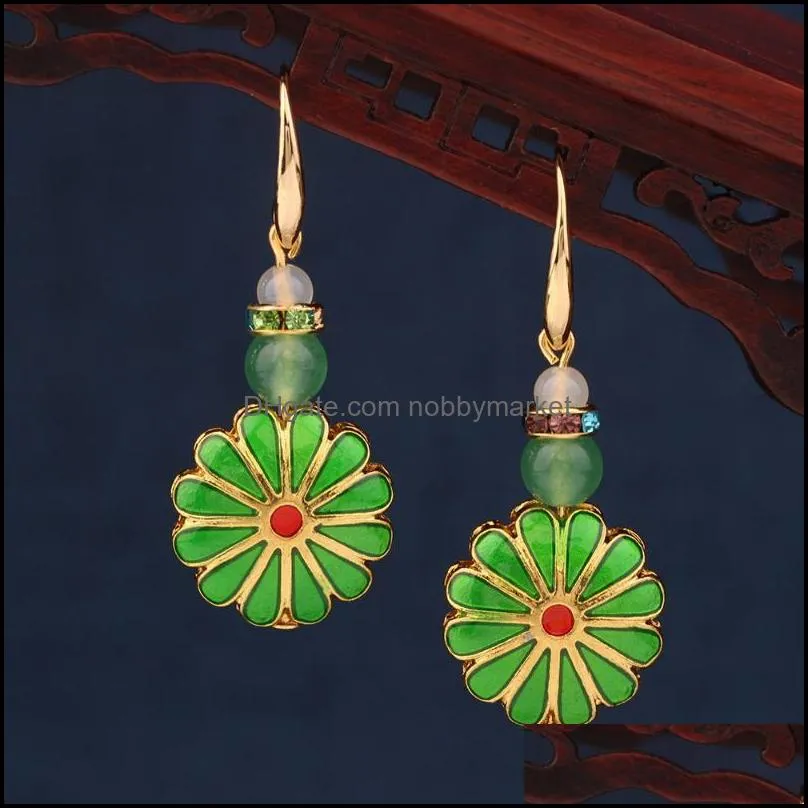 Dangle & Chandelier Fashion Antique Yellow Crystal Sun Flower Earrings Vintage Green Enamel Drop For Women And Girl Jewelry