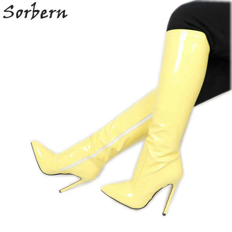 Sorbern jaune clair genou haute femmes bottes bout pointu longues dames botte femmes talons Multi couleurs Sexy fétiche bottes 2019 nouveau