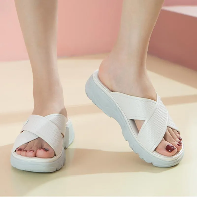 Slippers 2022 Pu Leather Wedges Women Open Toe Arch Support Sandals Cross Band Beach Slides Shoes Summer Platform Flip Flops