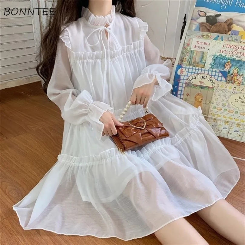 Dresses Women Summer Chiffon Holiday Party Sweet Girls Lovely Clothing White Solid A line Japanese Style Ladies Vestidos Mujer 220613