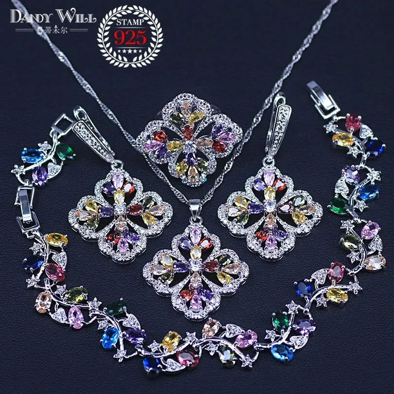 Dubai Style Muliticolor CZ Silver Color Smyckesuppsättningar för kvinnor Partyörhängen/Pendant/halsband/ringar/armbanduppsättningar 201222