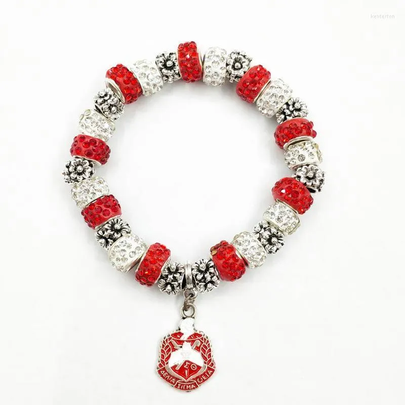 Bärade strängar handgjorda grekiska sorority elastiska röd vit pärla detal brev logotyp sköldhänge armband armband kvinnor smycken kent22