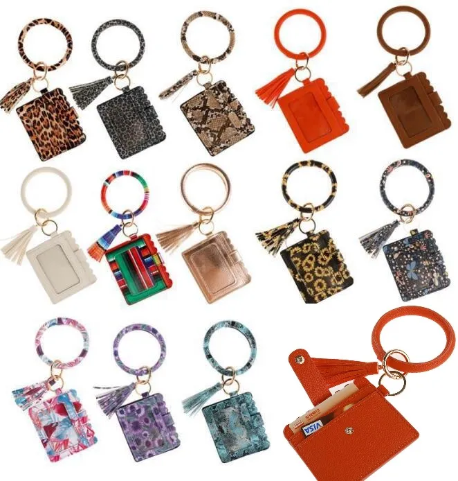 40 stilar PU Läder Leopard Tassel Armband Keychain Väskor ID Kortväska PU Fjäder Bangle Plånböcker Keyring Wristlet Handväska för Kvinna Tillbehör