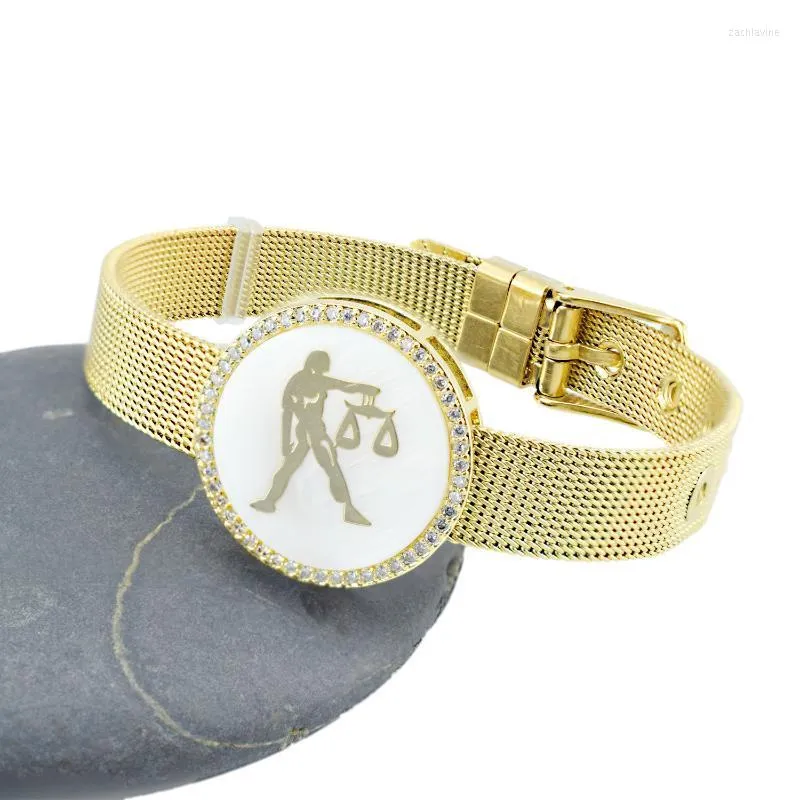 Waage und faires Freiheitszeichen Shell Zirkon Charm Armband für Frau Mann Mesh Edelstahl Armband Armreif Schmuck Geschenk Gliederkette