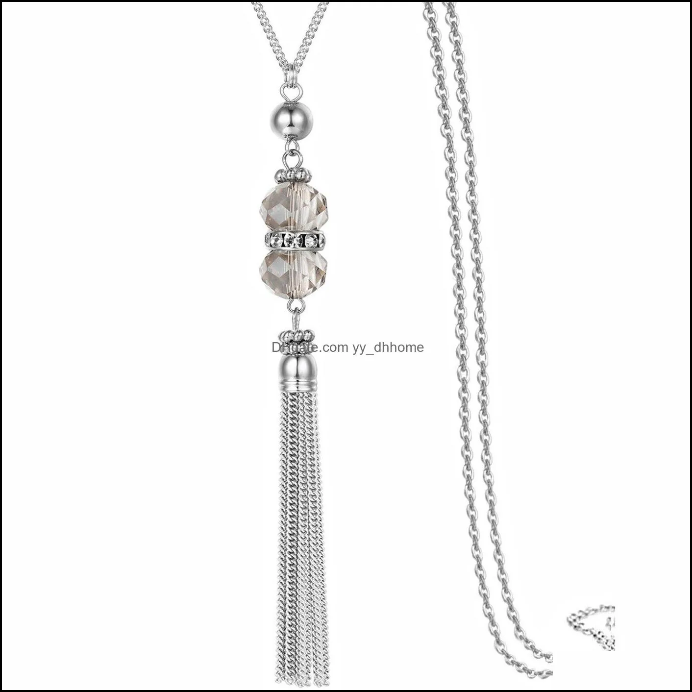 New Crystal Bead Sweater Chain Necklace for Women Fashion Silver Color Tassel Pendant Long Statement Necklaces Jewelry
