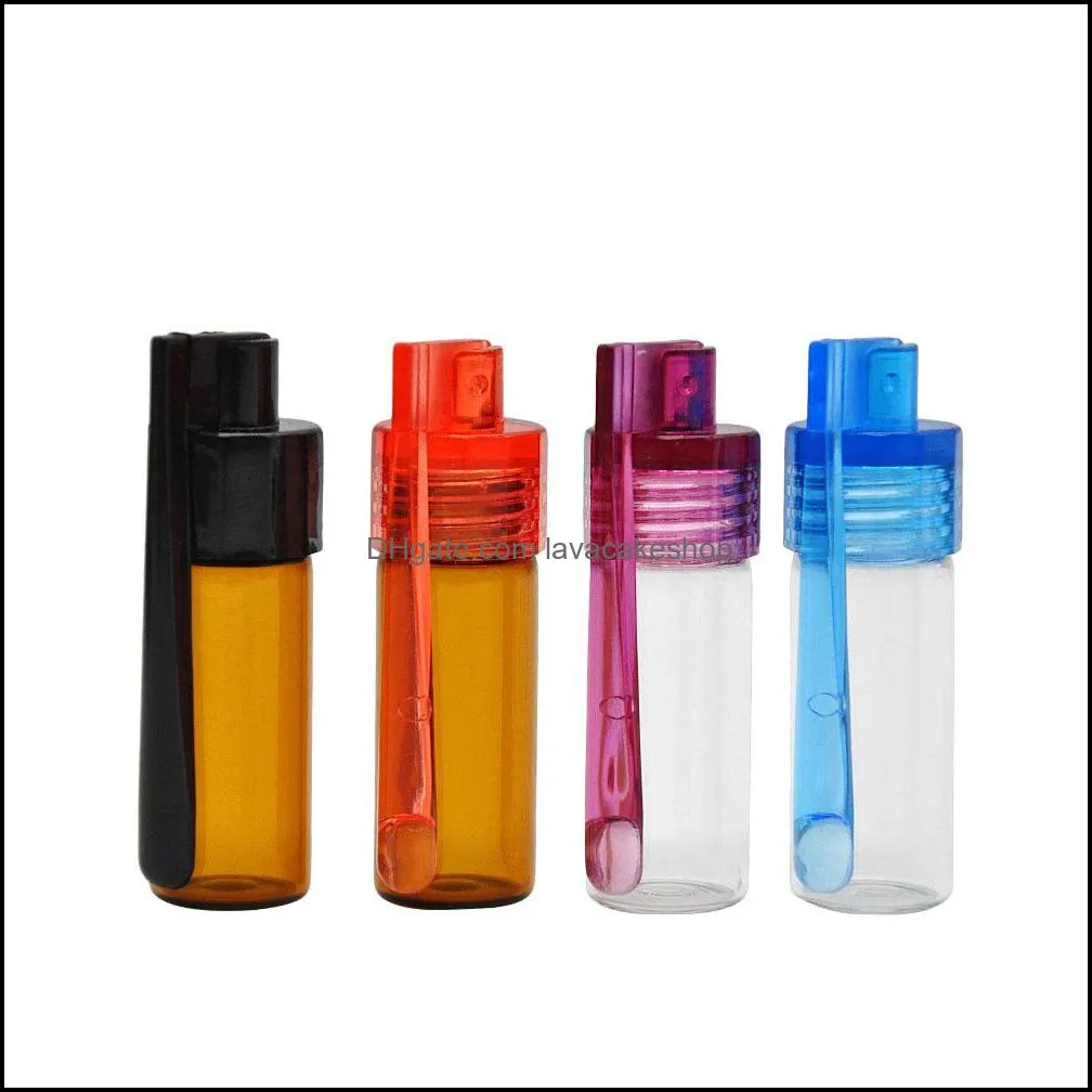 Colorful 36mm 51mm Travel Size Acrylic Plastic Bottle Snuff Snorter Dispenser Glass pill case Vial container box with spoon