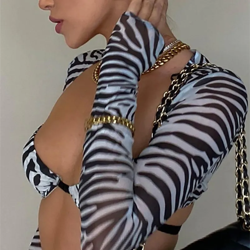 Mode Zebra Print Mesh Bra Crop Tops pour les femmes Voir à travers les manches longues Club Party Slim Sexy T-shirts Vêtements d'été y2k Top 220525