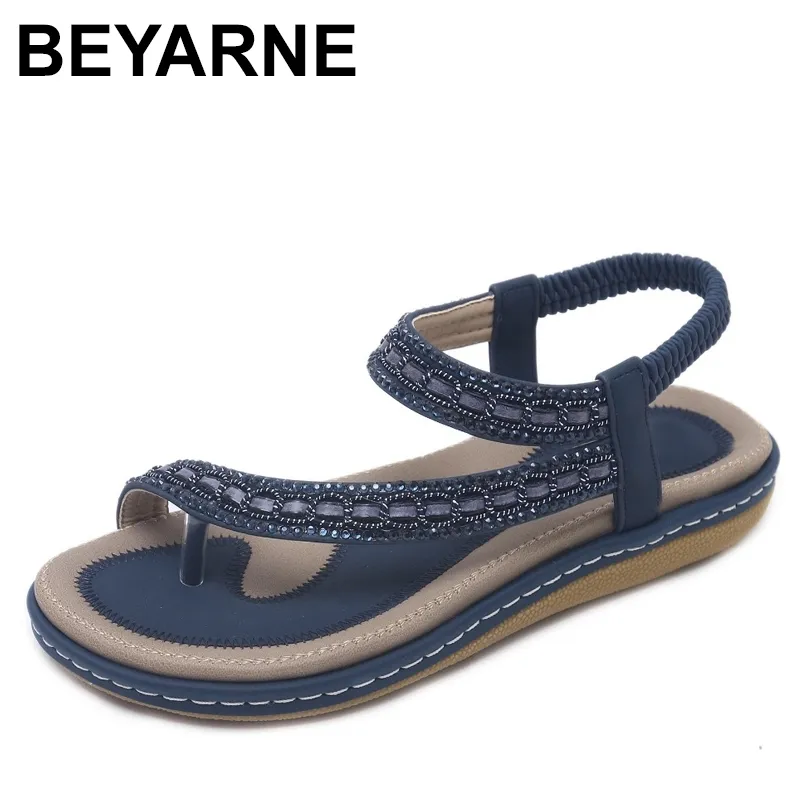 BEYARNES ummer Women Flat Sandals Shoes Woman Bohemia Flip Flop Crystal Casual Beach Sandals 3542 Female Gladiator Sandals 210306