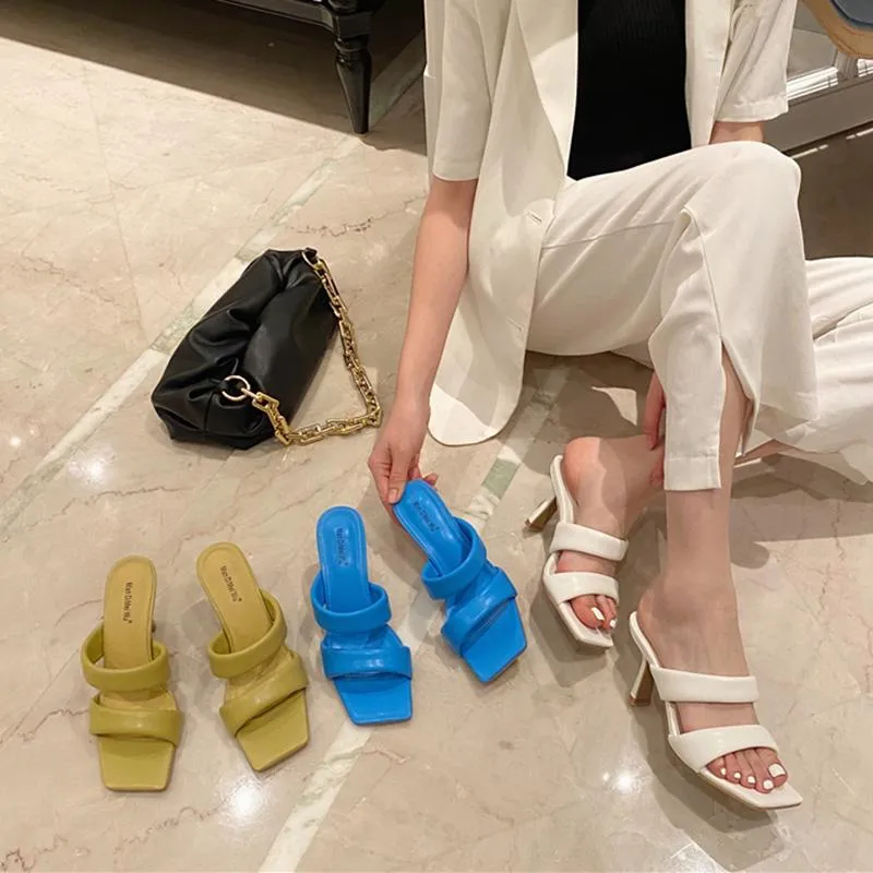 Slippers Elegant Ladies 2022 Summer Women Outside Slides Mules Brand Yellow Blue Thin High Sandals Open Toe Flip Flop Prom Shoes