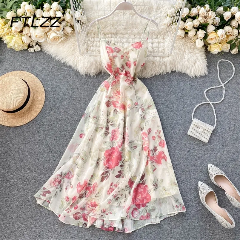 Summer Beach Chiffon Dress Women Sexy Backless Bandage Bow Long Robe Elegant Ladies Floral Print Dresses Vestidos Mujer 220514