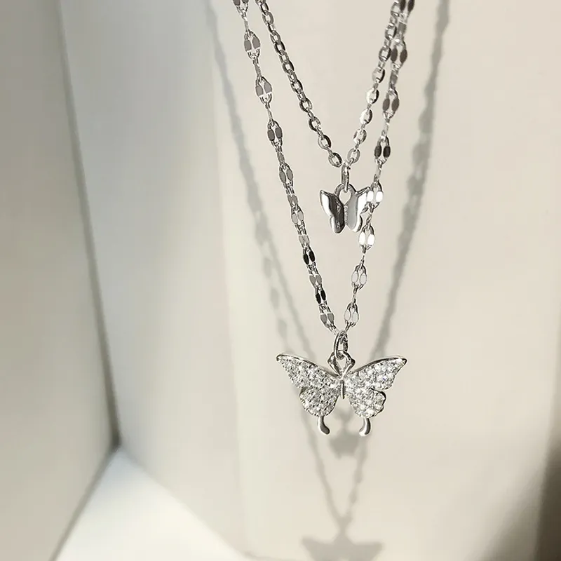 Sparkly Crystal Butterfly Clavicle Chain Necklace Women Double Layer Pendant Necklace for Gift Party Fashion Jewelry