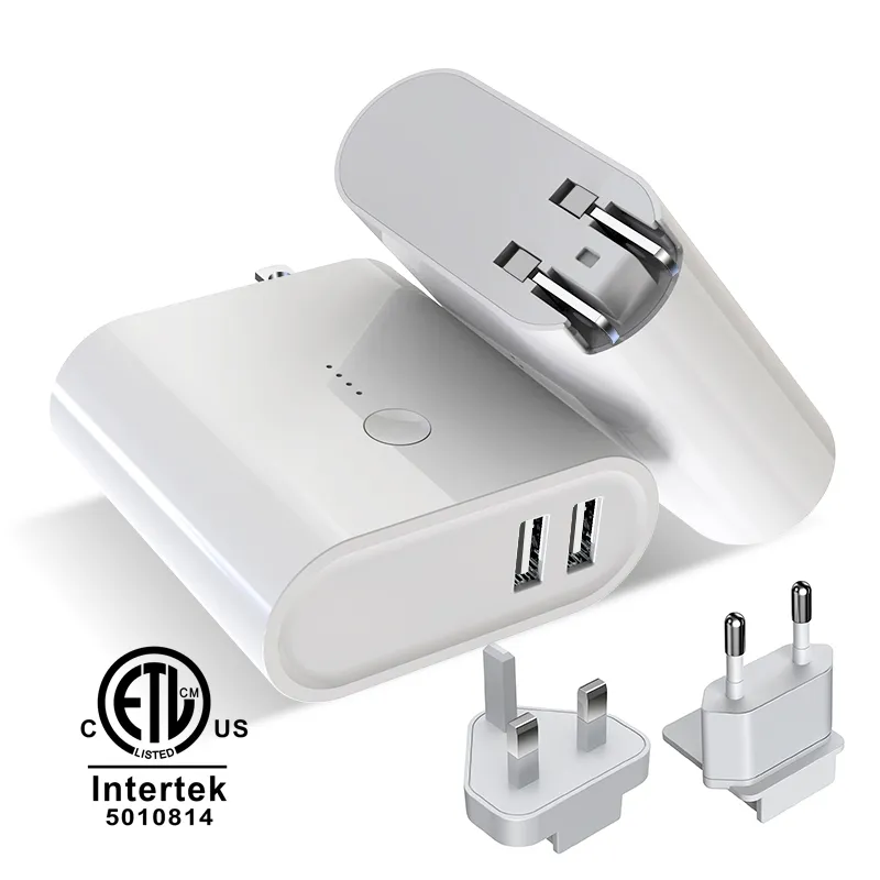 2 in 1 5000mAh Power Bank PSE ETL Certified USB Wall Charger Adapters 5V 2.1A/2.4A Cell Phone Fast Charger Set For Home/Office/Travel