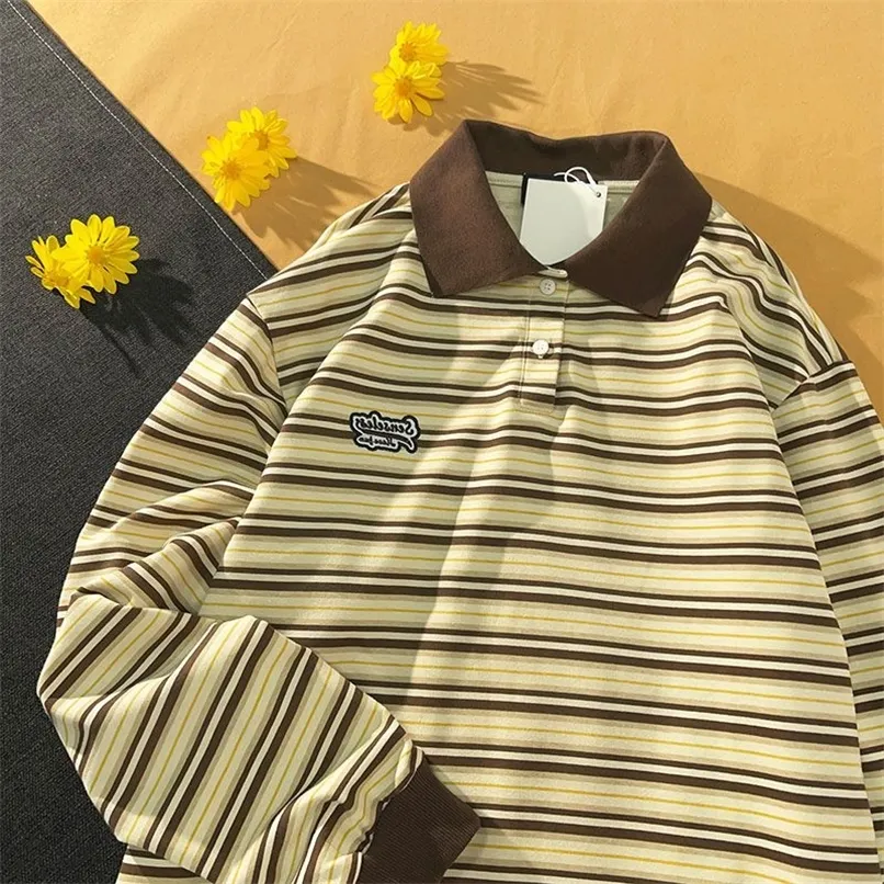 Striped long-sleeved polo shirt spring autumn vibe vintag blouse student Korean Preppy sweatshirt men women lapel shirt 220408