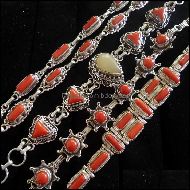 nepal 925 sterling silver vintage jewelry inlay bamboo coral chain bracelets for girls t9005