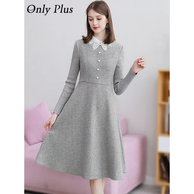 Only Plus Winter Woolen Vintage Grey Dress ALine Elegant Slim Lace Up Button Abiti Warm Office Lady Knee Female Vestidos 210303