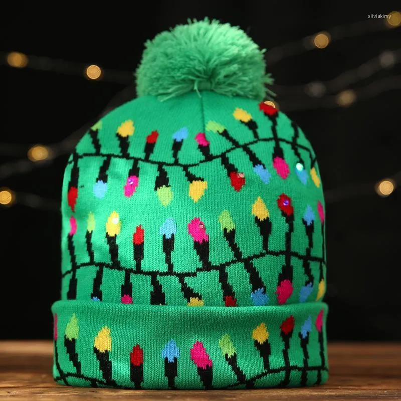 Berets Year Christmas Knitted Woolen Cap Led Lights Glow At Night To Celebrate Holiday Hats Keep Warm Kids HatsBerets Oliv22