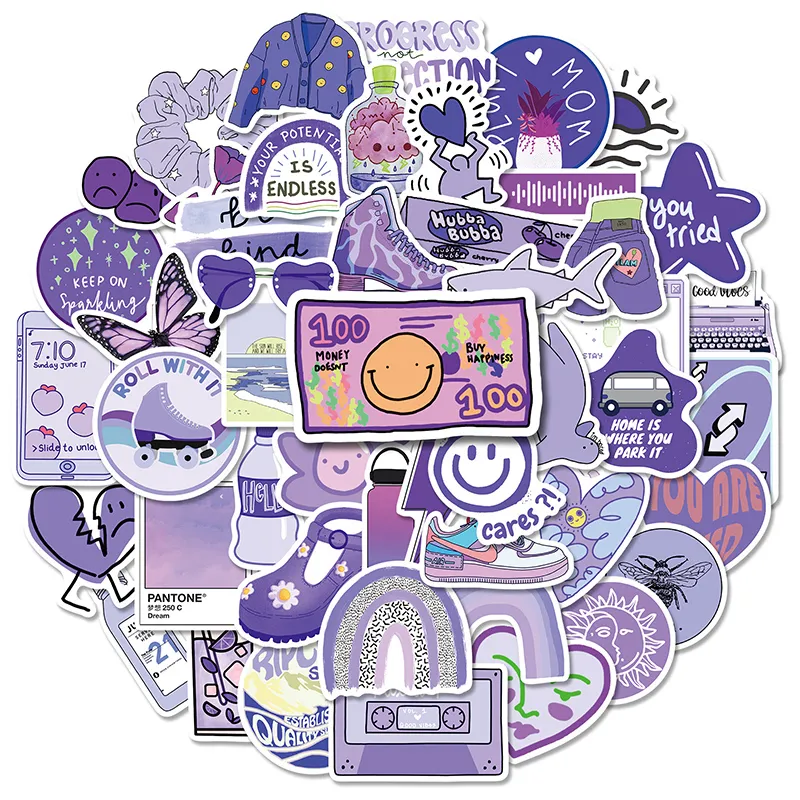 Autocollant graffiti monde violet, 50 pièces, paquet d'autocollants pour téléphone portable, Skateboard, voiture, bagages, guitare, casque, tasse d'eau