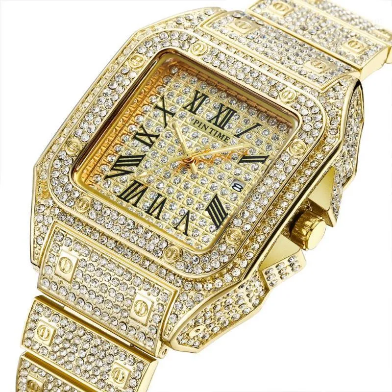 Wristwatches HIP HOP Men Watch Diamond Iced Out Gold Calendar Male Quartz Wristwatch Relogio Masculino Reloj Hombre