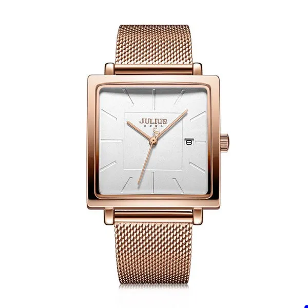 2022 Julius Nya rostfritt stål Mesh Band Women's Business Watch Square Stylish Quartz armbandsur 30m vattentäta klockor H1