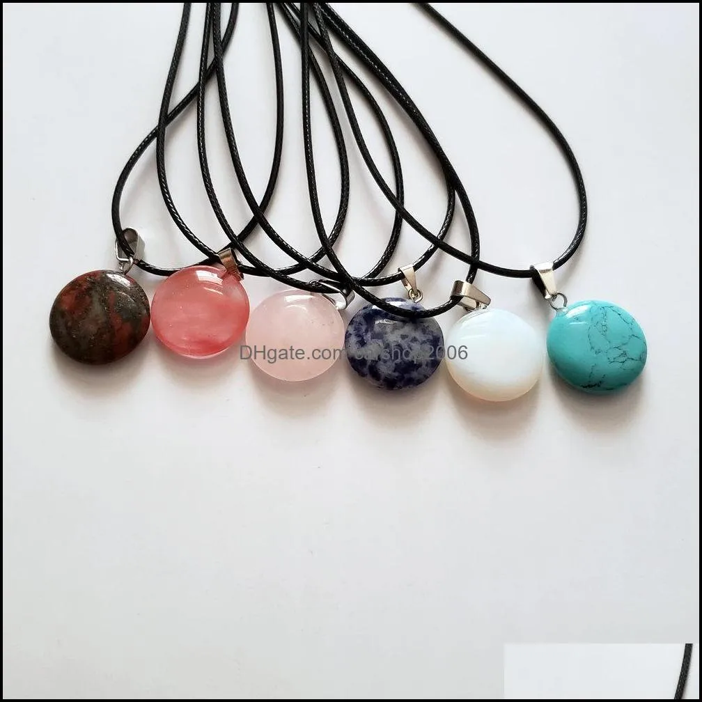 wholesale 24pcs/lot mixed natural stones pendants round pendulum leather chains necklace reiki fashion jewelry 20mm