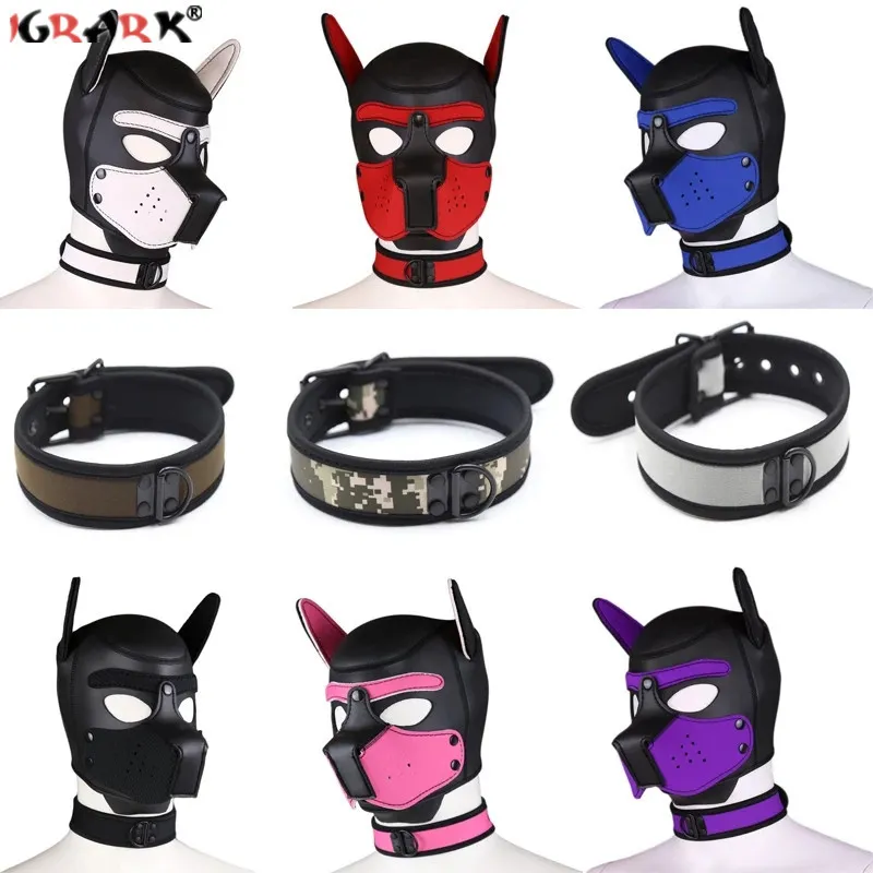 Máscaras de festa filhote filhote de cachorro tocar cachorro capuz sexy colar colarinho bdsm bondage kit cosplay full head orars halloween máscara sexy brinquedo para casais