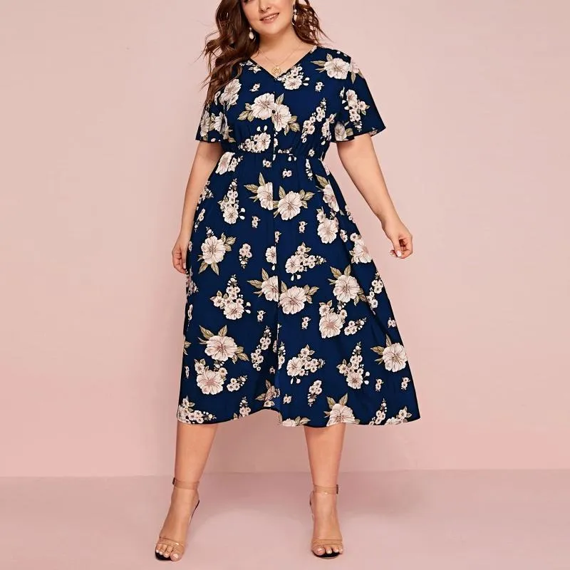 Sukienki plus eleganckie kwiatowe drukowanie luźna letnia sukienka Kobiety krótkie rękaw Casual Midi Fash Modna moda w dekolcie A-line Dresplus