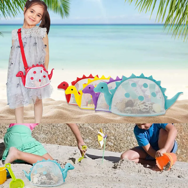 Kinder-Strand-Muscheltaschen, Cartoon-Dinosaurier-Form, Handtasche für Muschel-Spielzeug-Sammlung, Aufbewahrungstasche, Outdoor-Mesh-Tragetasche, Reißverschluss, Sandwegtasche, große Kapazität 2022