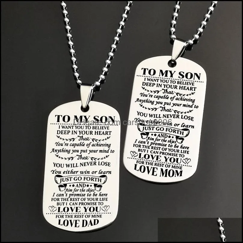 fashion silver color square pendants necklace to our son/daughter letters military licensing pendants necklace men jewelry gifts carshop2006