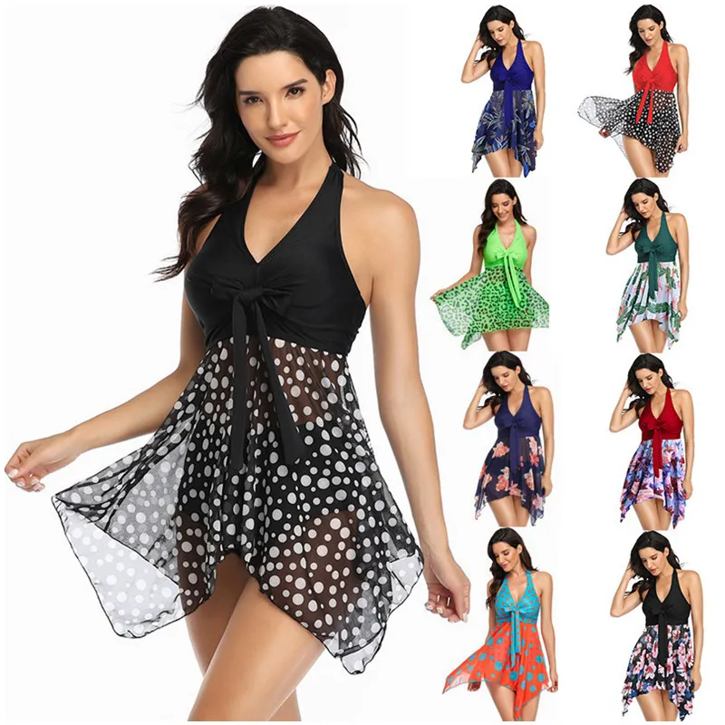 Fashion Women Swimwear Summer Halter Chiffon Dress and Briefs 2 Piece Outfits Sexy Bikini Suit Floral Printed One-piece Swimsuit Lady Beach Conservative