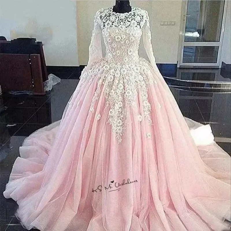 Robes de bal roses à manches longues 3D Floral Applique Tulle Jewel Neck balayage train 2022 Celebrity Party robe de bal formelle tenue de soirée robes