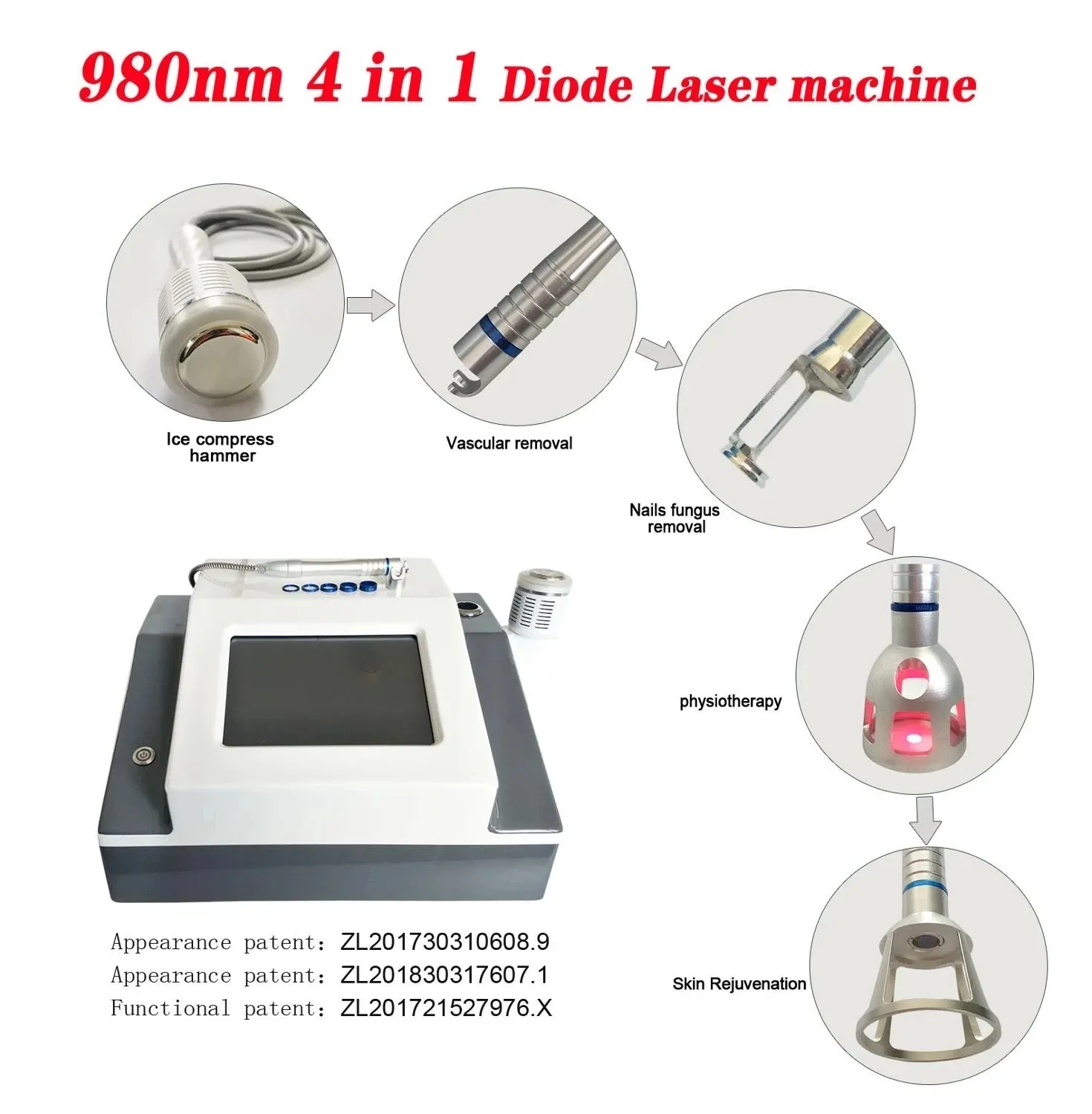 30W 4 en 1 980nm Diodo Láser Varice Máquina de curado Arañas Dispositivo de eliminación de hongos en las uñas