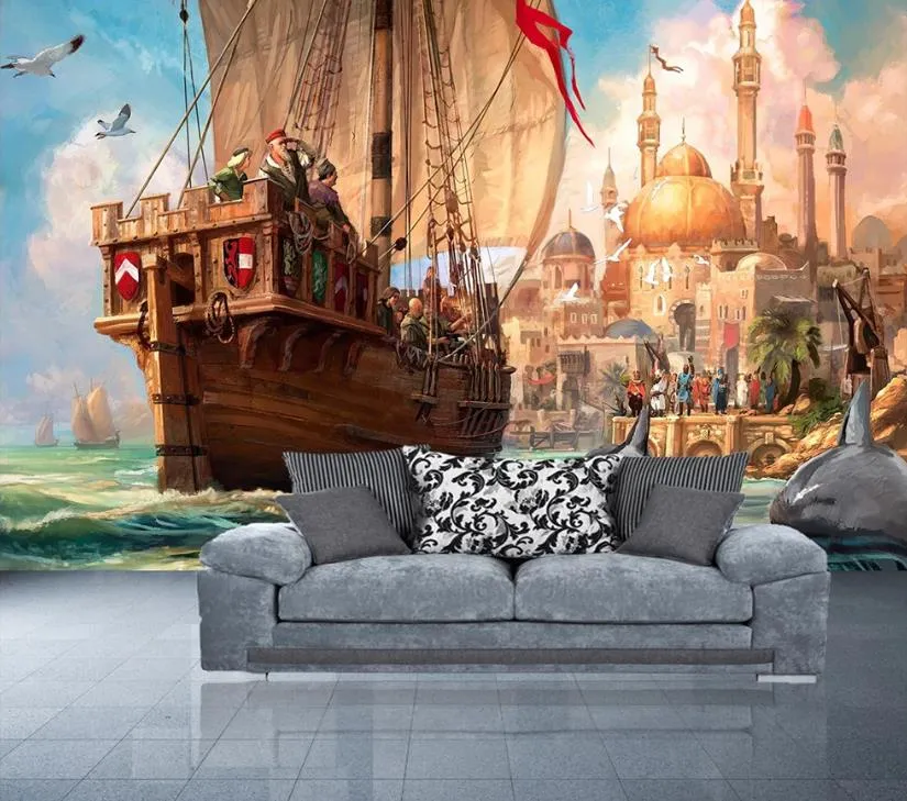 HD 3D обои Wallpaper парусника 3D обои Мурасы для детей гостиная спальня диван телевизор фоновые стены украшения папье папье питье