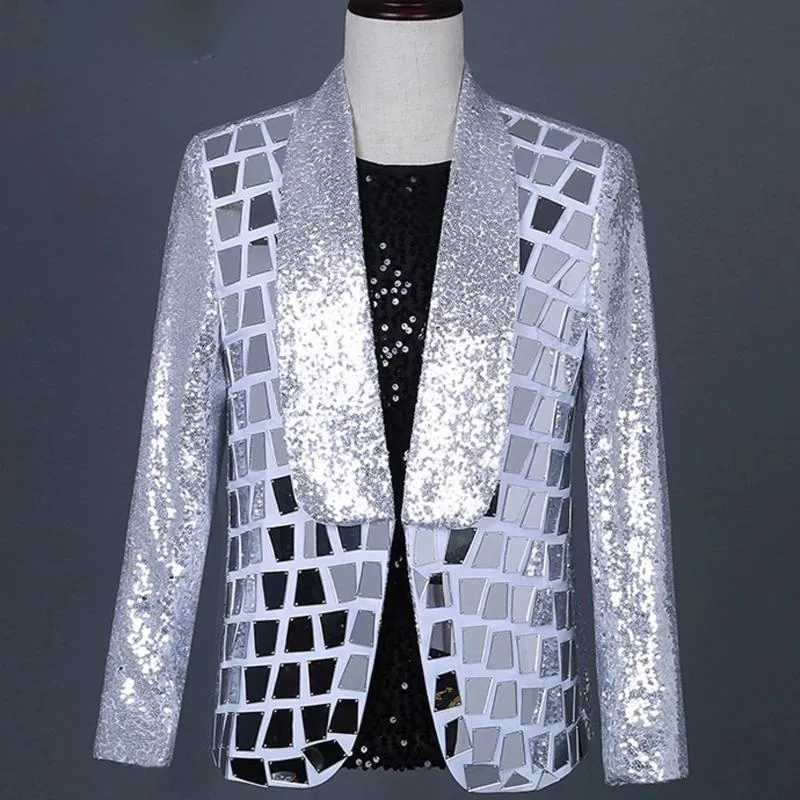 Etapa desgaste plata lentejuelas blazer hombres marca chal cuello solo botón traje chaqueta brillante lentejuelas lentejuelas fiesta traje de baile